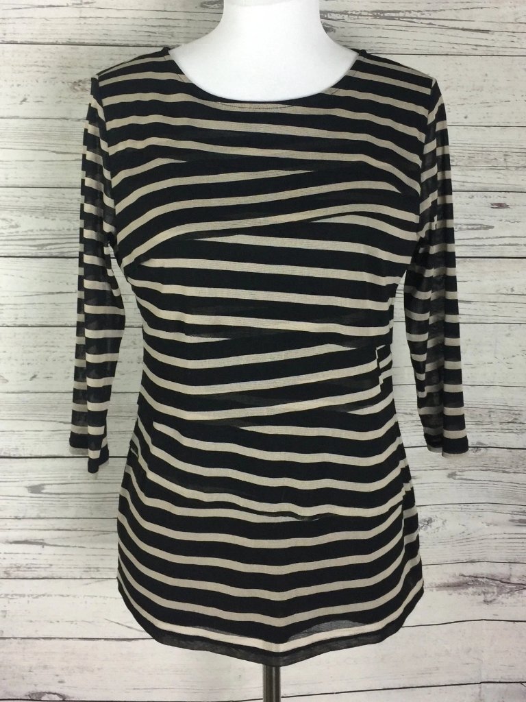 Dana Buchman Women's Black Tan Striped Stretch Nylon Mesh Tiered Top Size L